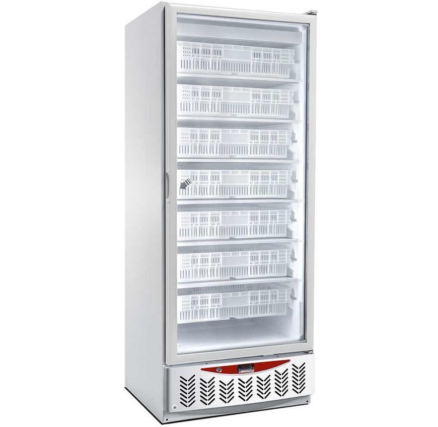 Armário Frigorífico de Congelação Industrial Branco GN 2/1 + 600x400 mm com Porta de Vidro, Arca Vertical com 525 Litros -22º -18º C (transporte incluído) - Refª 102662