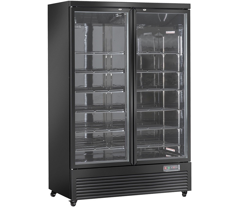 Armário de Congelação Profissional de 2 Portas, Congelador Ventilado Preto de 1900 Litros com Portas de Vidro Triplo, -18º -15º C (transporte incluído) - Refª 102978