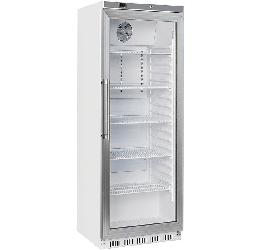 Armário Refrigerado Profissional de 400 Litros, Frigorífico Ventilado Branco com Porta de Vidro, +3º +10º C (transporte incluído) - Refª 102949