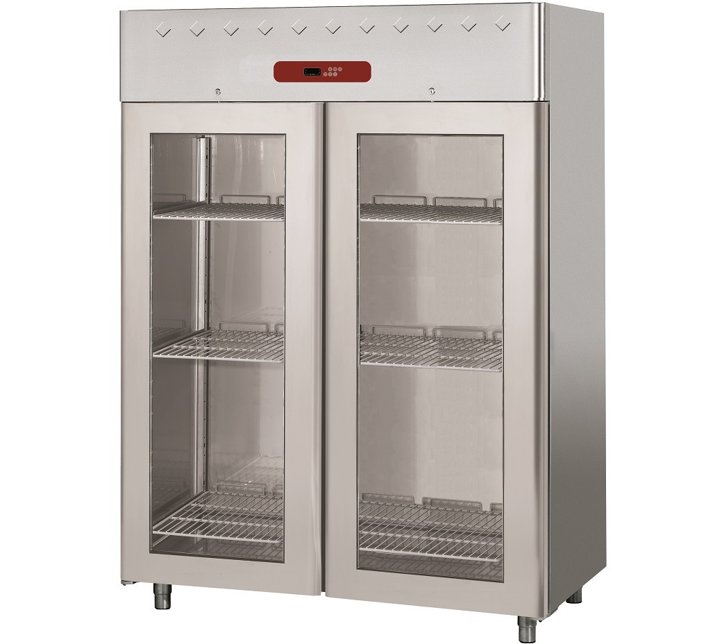 Armário Refrigerado Industrial Ventilado GN 2/1 em Aço Inoxidável com 2 Portas de Vidro, Frigorífico de 1400 Litros, 0º +10º C (transporte incluído) - Refº 102587