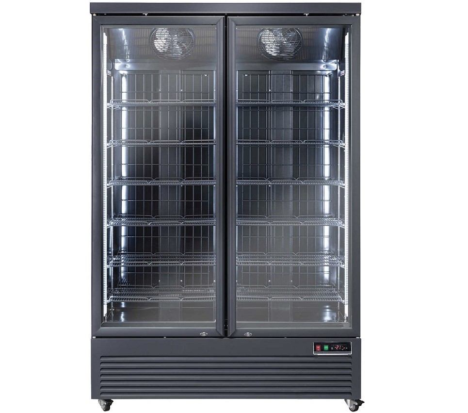 Armário de Refrigeração Profissional de 2 Portas, Frigorífico Ventilado Preto de 1900 Litros com Portas de Vidro Duplo, +1º +10º C (transporte incluído) - Refª 102977