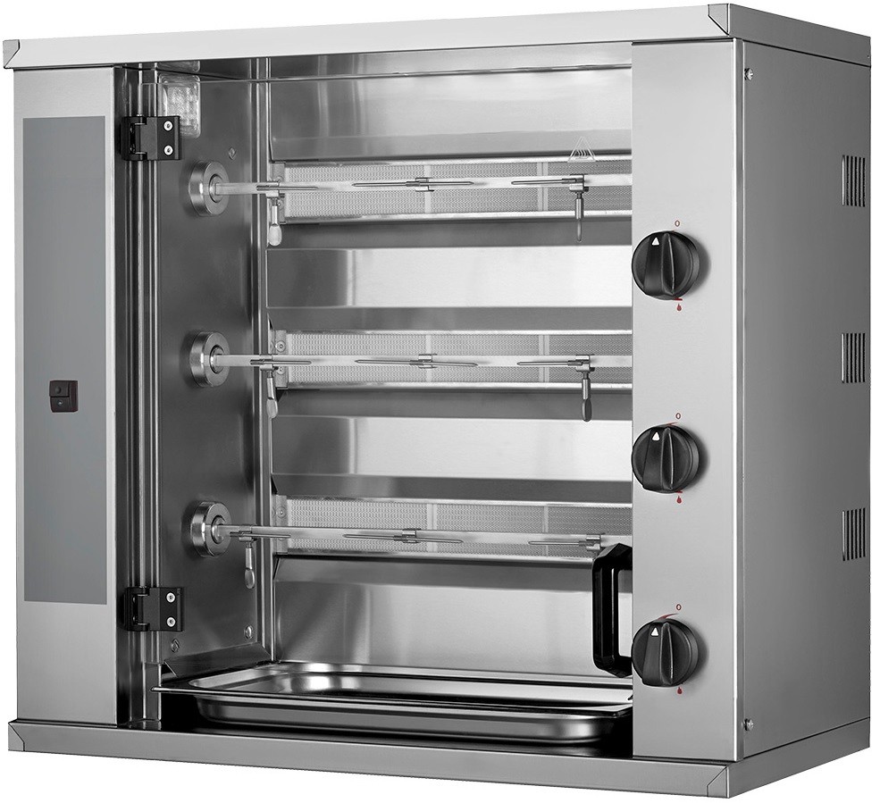 Assador de Frangos Industrial a Gás com 3 Espetos Independentes com Capacidade para 9 Frangos, 10320 kcal/h, Potência de 12000 Watts (transporte incluído) - Refª 102306