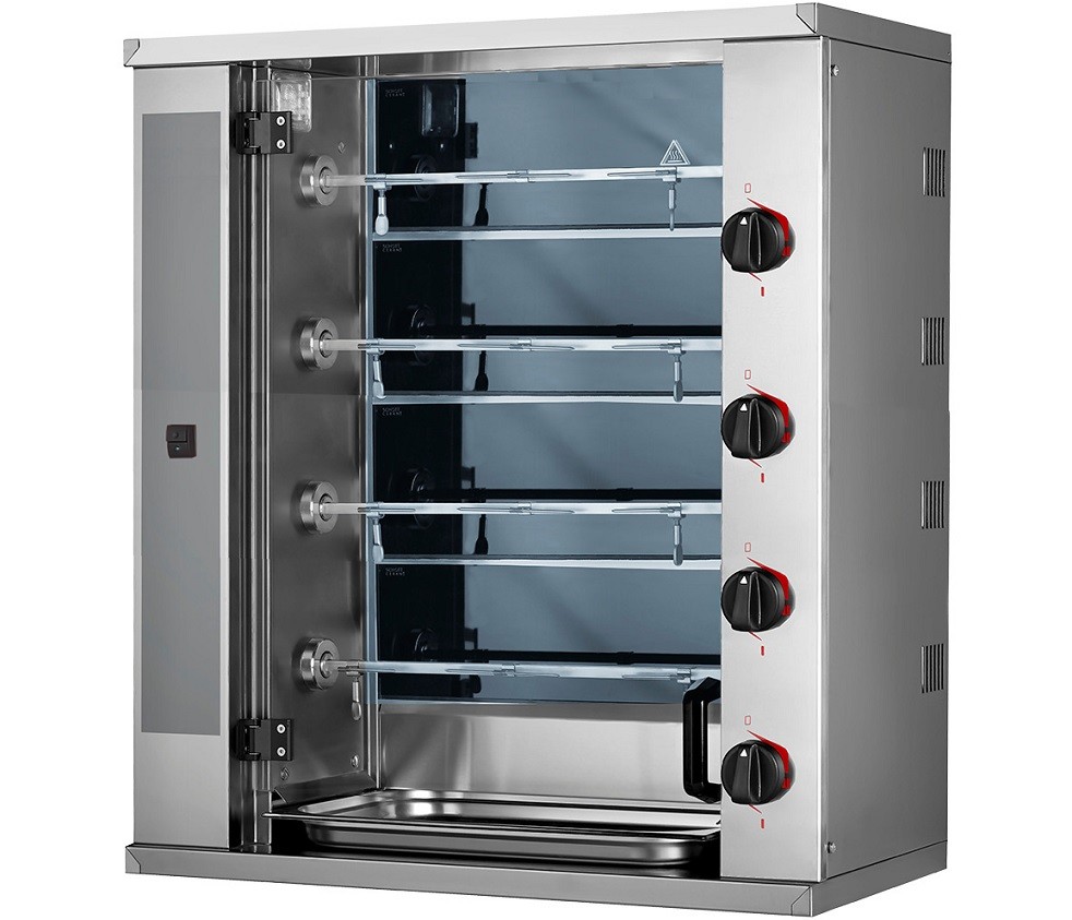 Assador de Frangos Industrial Elétrico Trifásico em Vitrocerâmica com 4 Espetos Independentes com Capacidade Total para 12 Frangos, 8800 Watts (transporte incluído) - Refª 102765