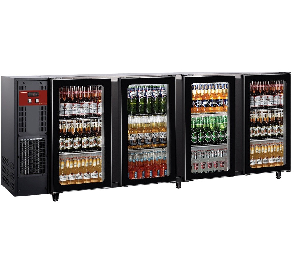 Frigorífico para Garrafas e Latas, Bancada Industrial Refrigerada Ventilada com 4 Portas de Vidro, 783 Litros, +1º +8º C (transporte incluído) - Refª 102289