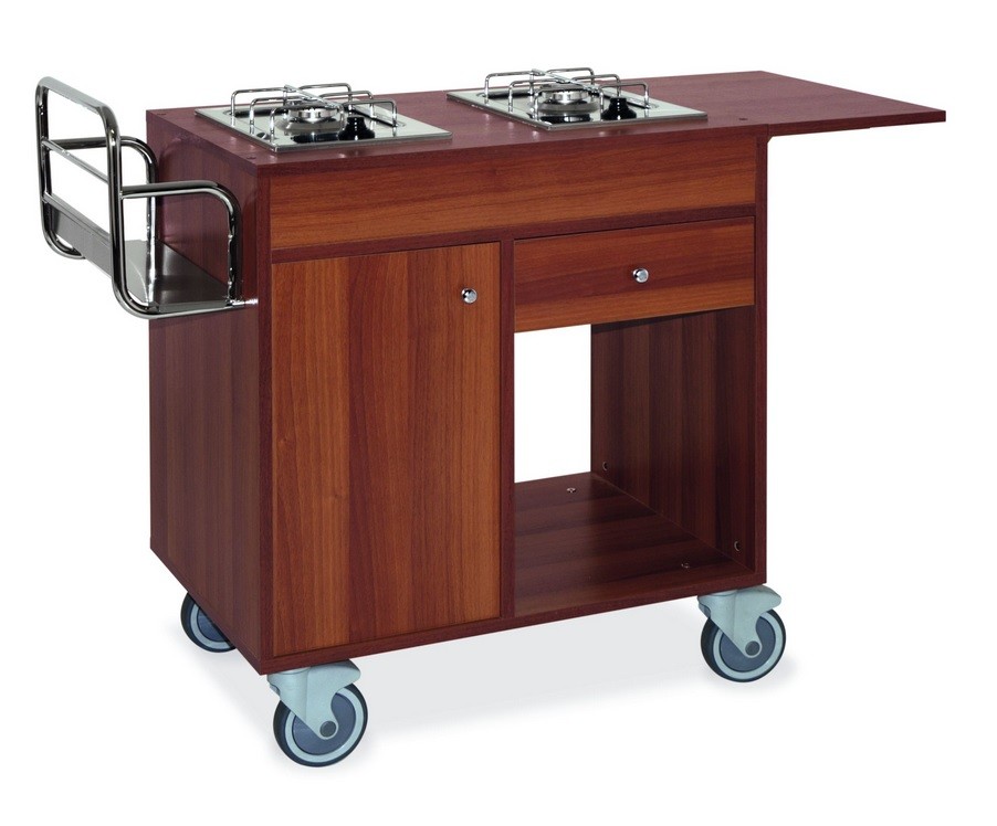Carro Flamejante em Melamina Wengé de Dois Queimadores Flambé, Dimensões de 950/1230x500x870 mm LxPxA (transporte incluído) - Refª 101109