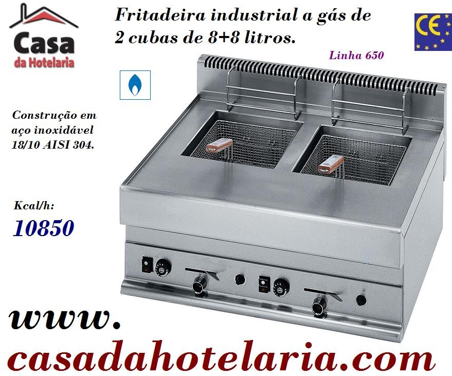 Fritadeira Industrial a Gás de 2 Cubas de 8+8 Litros da Linha 650, 10850 Kcal/h, Potência de 12618 Watts (transporte incluído) - Refª 100022