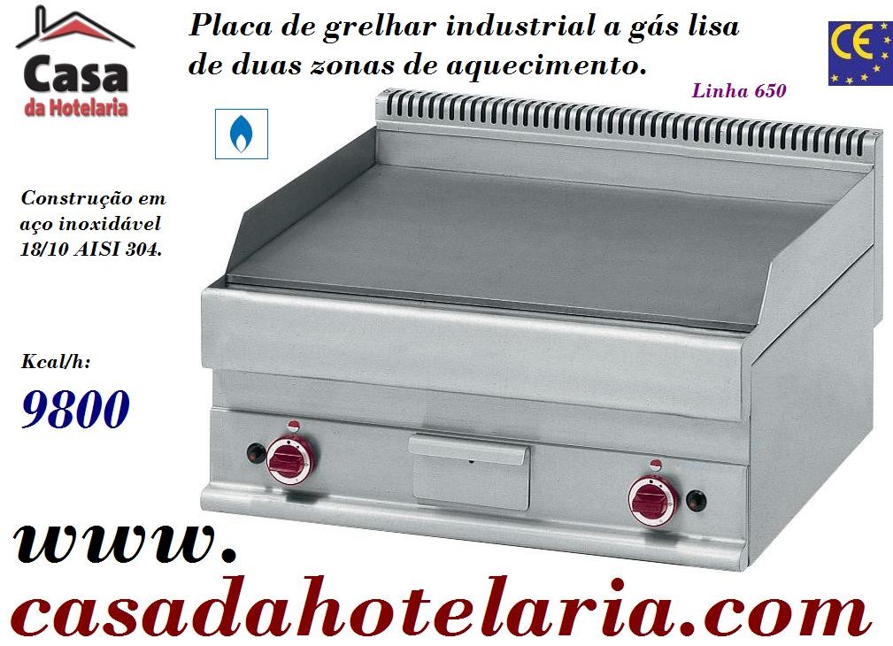 Placa de Grelhar Industrial a Gás Lisa de 2 Zonas da Linha 650, Chapa Fry Top de 9800 Kcal/h, Potência de 11400 Watts (transporte incluído) - Refª 100026