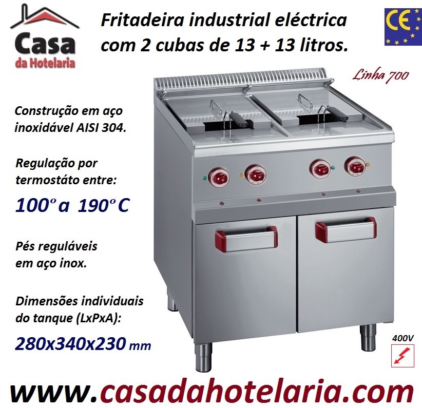 Fritadeira Industrial Elétrica Trifásica da Linha 700 de 2 Cubas 13+13 Litros com Armário, +100º a +190º C, Potência de 18000 Watts (transporte incluído) - Refª 100091