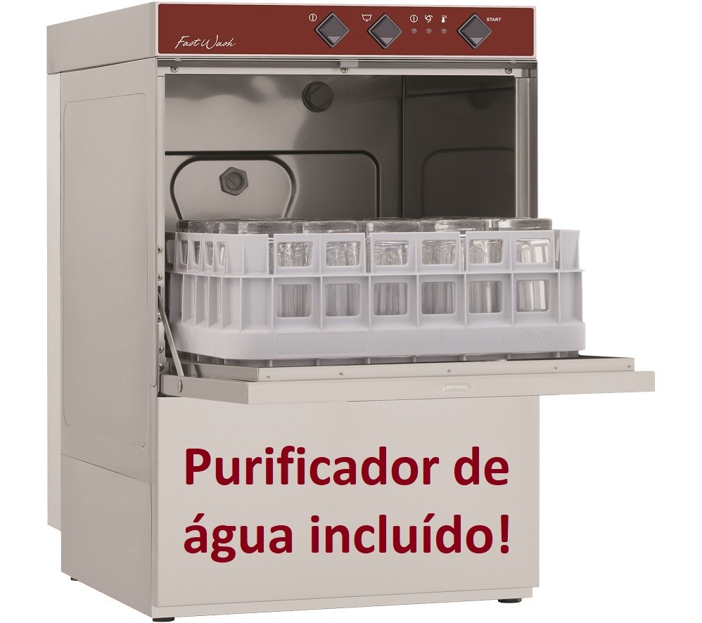 Máquina de Lavar Loiça Industrial Monofásica Profissional para Copos e Pequenos Pratos com Cestos de 400x400 mm e Purificador de Água (transporte incluído) - Refª 100189