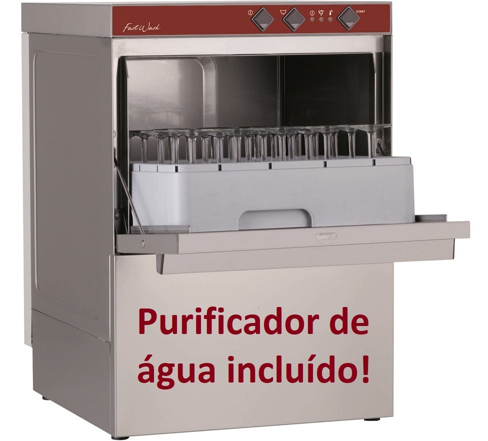 Máquina de Lavar Loiça Industrial Monofásica Profissional para Copos e Pratos com Cestos de 450x450 mm e Purificador de Água (transporte incluído) - Refª 100240