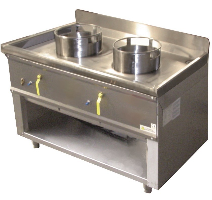 Fogão a Gás Asiático WOK Industrial de 2 Queimadores com Ø 290 mm em Armário Aberto, 40970 Kcal/h, Potência de 47600 Watts (transporte incluído) - Refª 100390