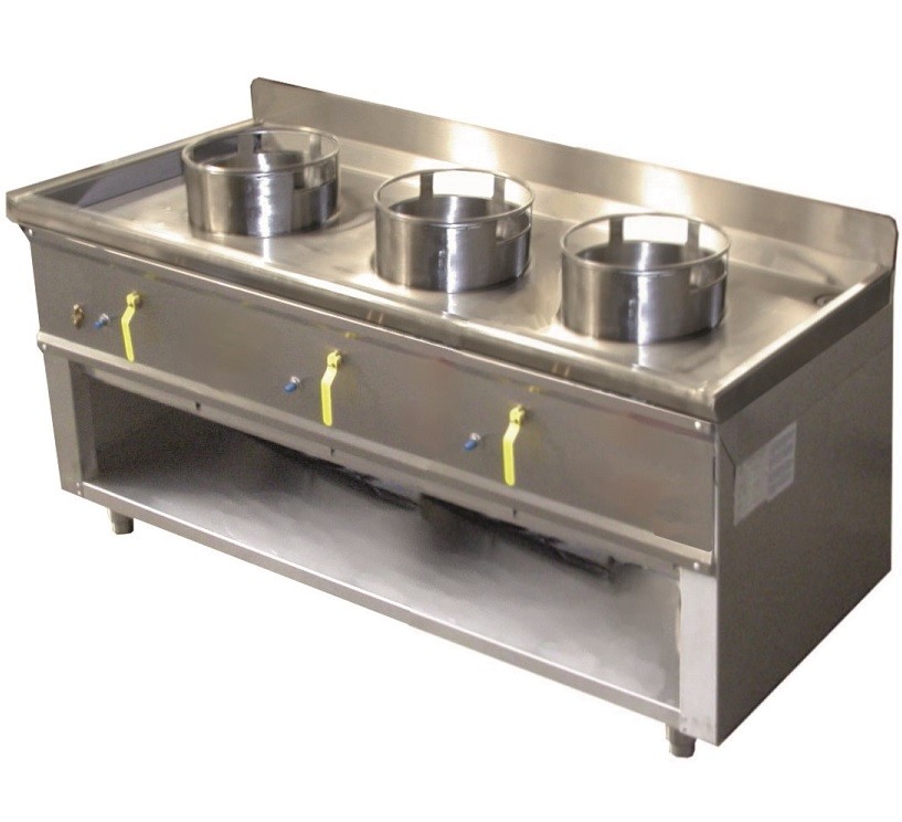 Fogão a Gás Asiático WOK Industrial de 3 Queimadores com Ø 290 mm em Armário Aberto, 61455 Kcal/h, Potência 71400 Watts (transporte incluído) - Refª 100391