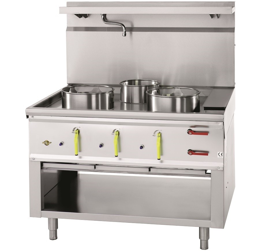 Fogão a Gás Asiático WOK Industrial de 3 Queimadores, 2x Ø 290 mm e 1x Ø 230, com Cortina de Água, 50645 Kcal/h, Potência de 58900 Watts (transporte incluído) - Refª 100392