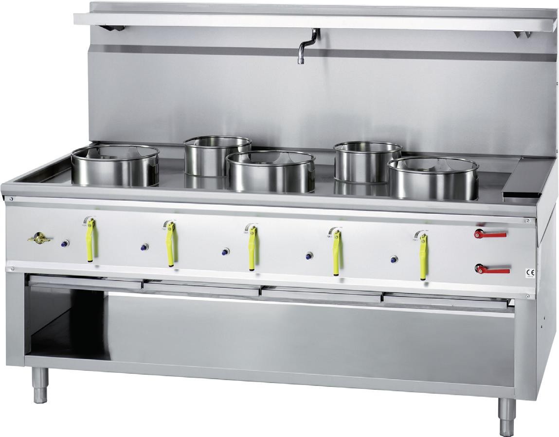 Fogão a Gás Asiático WOK Industrial de 5 Queimadores, 3x Ø 290 mm e 2x Ø 230 mm, com Cortina de Água, 80805 Kcal/h, Potência de 93900 Watts (transporte incluído) - Refª 100393