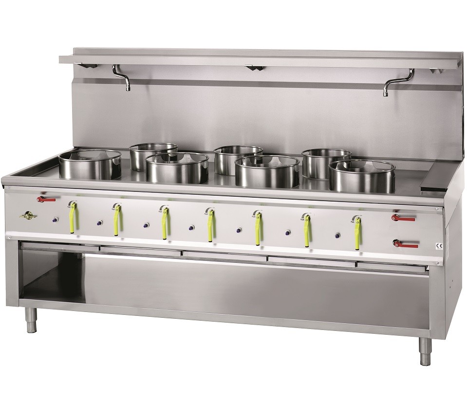 Fogão a Gás Asiático WOK Industrial de 7 Queimadores, 4x Ø 290 mm e 3x Ø 230 mm, com Cortina de Água, 110965 Kcal/h, Potência de 129000 Watts (transporte incluído) - Refª 100394