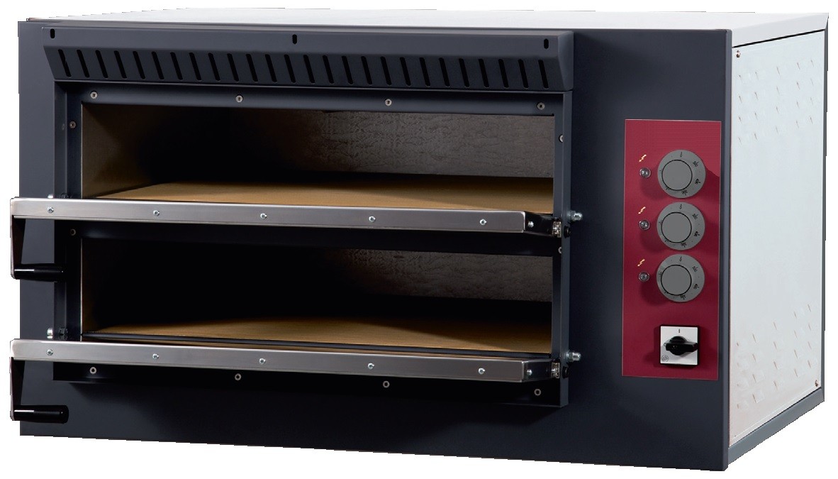 Forno de Pizzas Industrial Eléctrico Trifásico de 2 Câmaras de 620x500x120 mm (LxPxA) cada, 7500 Watts, +50º +400º C  (transporte incluído) - Refª 100943