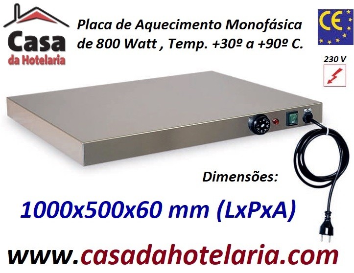Placa de Aquecimento Monofásica, 1000x500x60 mm LxPxA, 800 Watt, +30º +90º C (transporte incluído) - Refª 101032