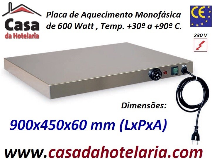 Placa de Aquecimento Monofásica, 900x450x60 mm LxPxA, 600 Watt, +30º +90º C (transporte incluído) - Refª 101034