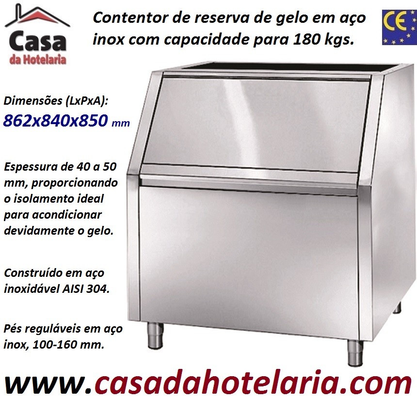 Contentor para Reserva de Gelo em Inox, Capacidade para 180 kg, Dimensões de 862x840x850 mm (LxPxA), com transporte incluído - Refª 101442