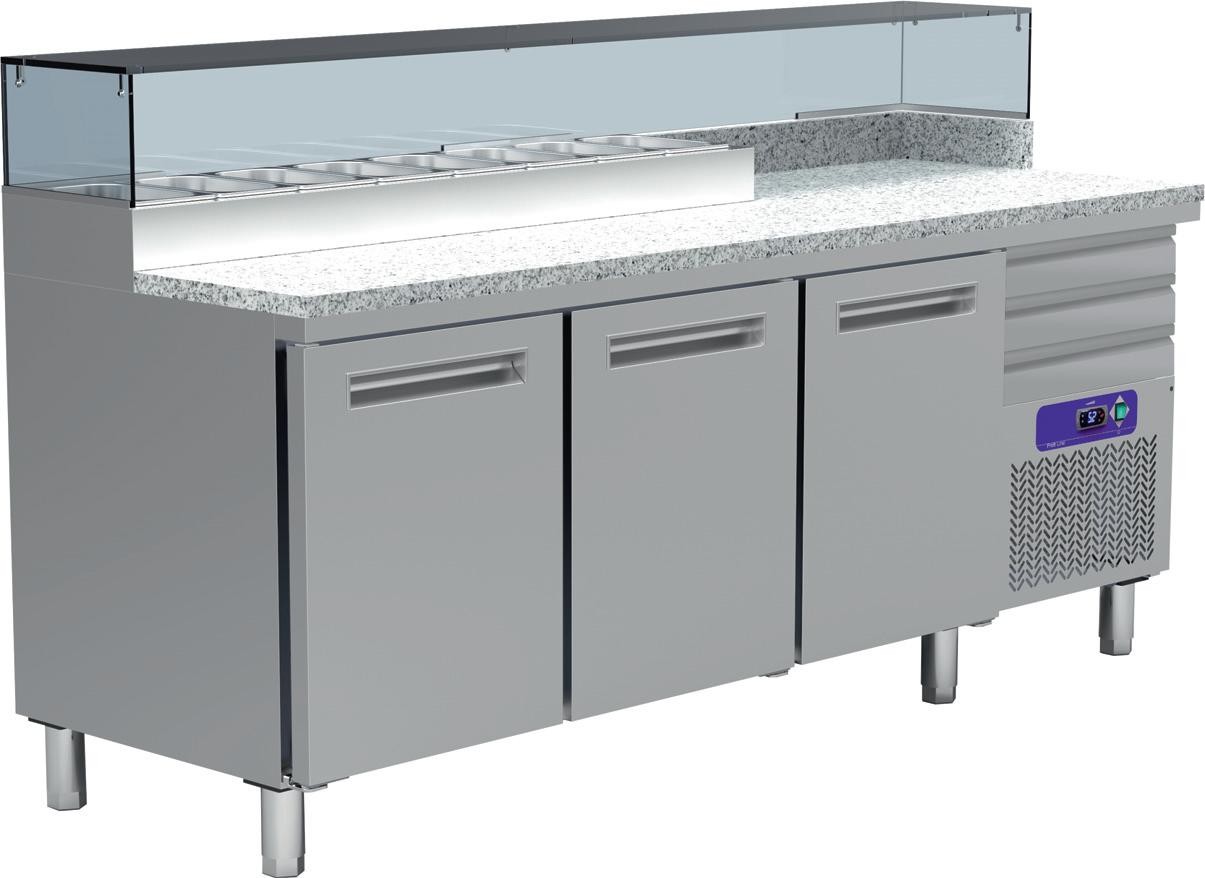 Mesa de Preparação de Pizzas com 3 portas 600x400 mm de Refrigeração 0º +8º C com Estrutura Refrigerada para 8x GN 1/4 150 mm +4º +10º C (transporte incluído) - Refª 101449