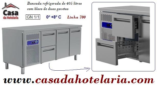 Bancada Refrigerada Ventilada com 2 Gavetas e 2 Portas GN 1/1 da Linha 700, 405 Litros, Refrigeração de 0º +8º C (transporte incluído) - Refª 101455