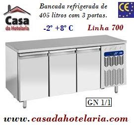 Bancada Refrigerada com 3 Portas GN 1/1 da Linha 700 com Funções HACCP, Temperaturas -2º +8º C (transporte incluído) - Refª 101520