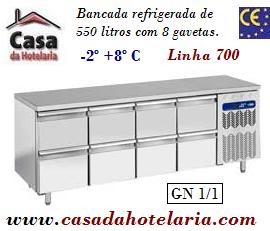 Bancada Refrigerada de 550 Litros com 8 Gavetas GN 1/1 da Linha 700 (transporte incluído) - Refª 101546