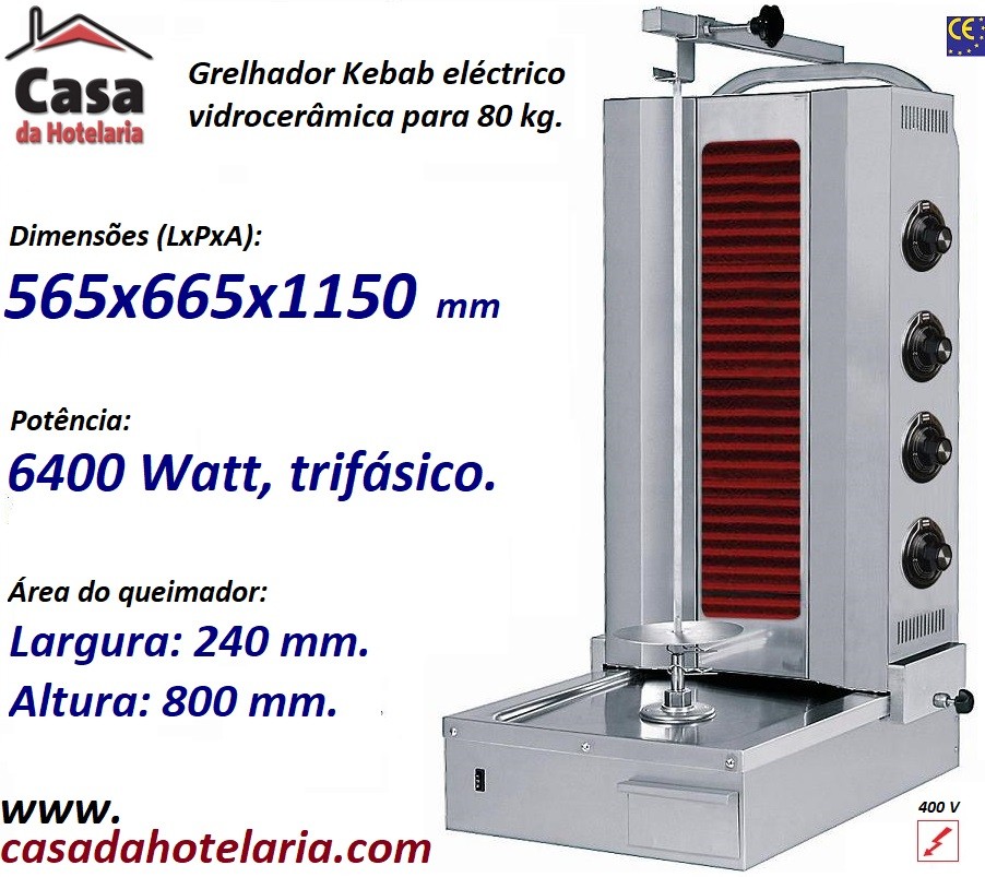 Grelhador Industrial Kebab Elétrico em Vidrocerâmica para 80 kg com o Motor em Baixo, 6400 Watts (transporte incluído) - Refª 101555