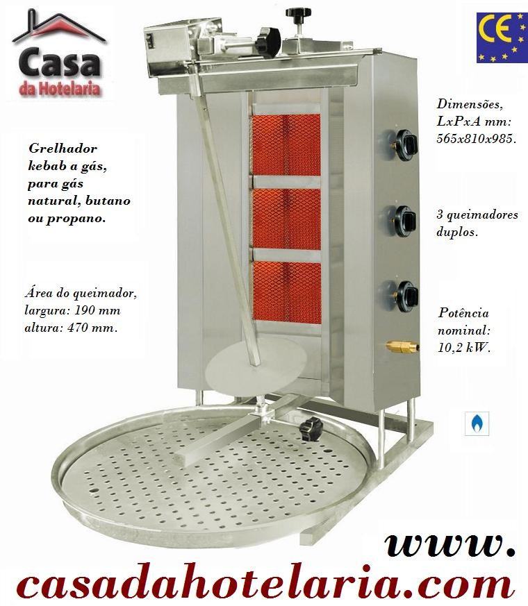 Grelhador Industrial Kebab a Gás com 3 Queimadores Duplos para 60 kg, Máquina Profissional com Potência Nominal de 10200 Watts (transporte incluído) - Refª 101558