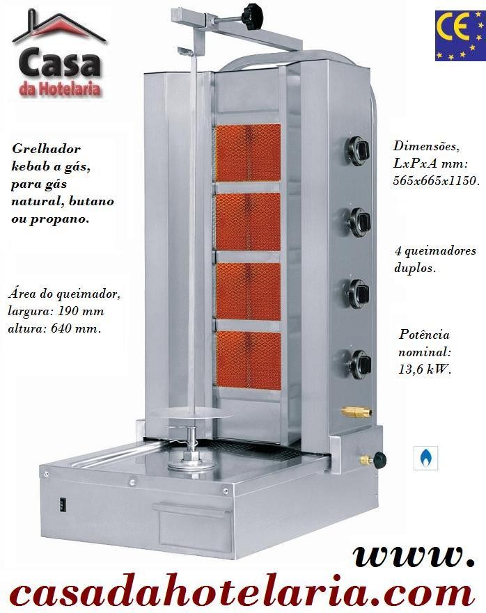 Grelhador Industrial Kebab a Gás com 4 Queimadores Duplos para 80 kg, Máquina Profissional com Potência Nominal de 13600 Watts (transporte incluído) - Refª 101559