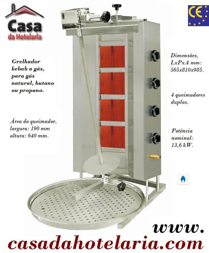 Grelhador Industrial Kebab a Gás com 4 Queimadores Duplos para 80 kg, Máquina Profissional com Potência Nominal de 13600 Watts (transporte incluído) - Refª 101560