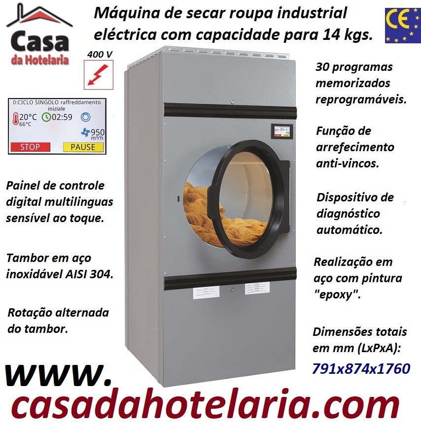 Máquina de Secar Roupa Industrial Eléctrica para 14 kg com Rotação Alternada do Tambor e Painel Digital Multilinguas, 18700 Watts (transporte incluído) - Refª 101572