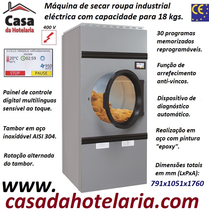 Máquina de Secar Roupa Industrial Eléctrica para 18 kg com Rotação Alternada do Tambor e Painel Digital Multilinguas, 24400 Watts (transporte incluído) - Refª 101573