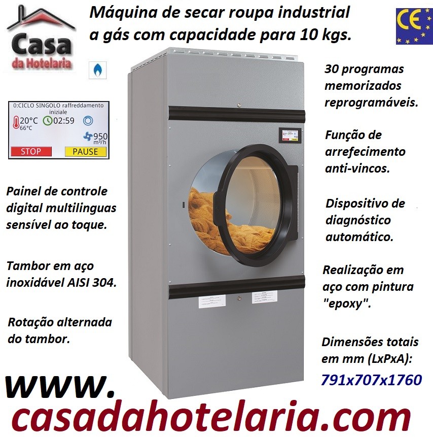 Máquina de Secar Roupa Industrial a Gás para 10 kg com Rotação Alternada do Tambor, Painel Digital (transporte incluído) - Refª 101576