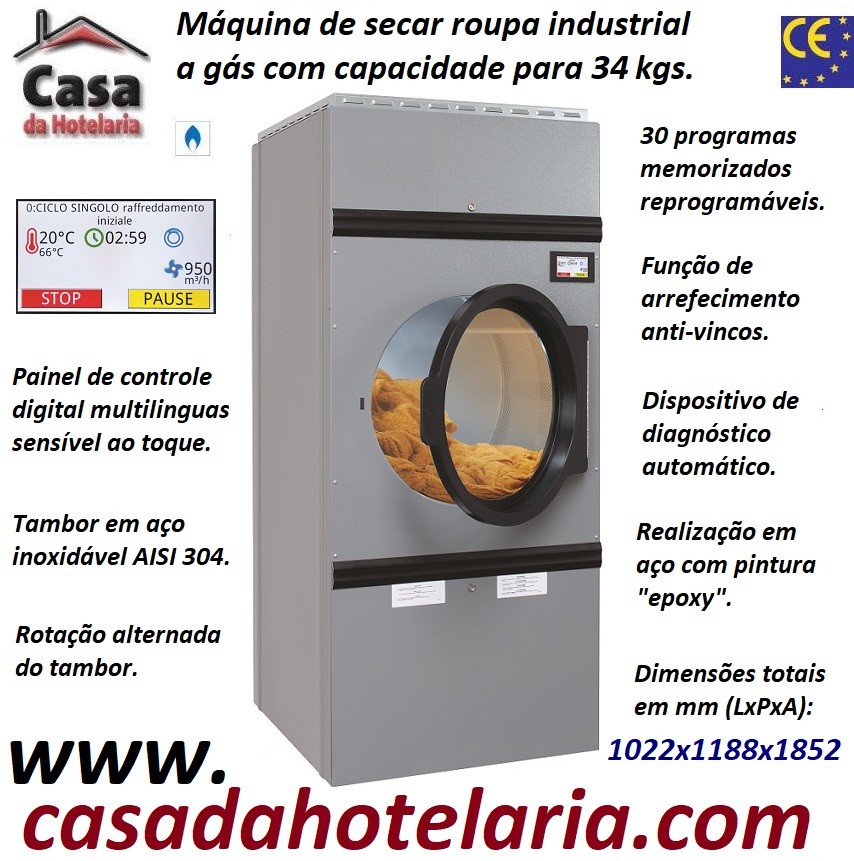 Máquina de Secar Roupa Industrial a Gás para 34 kg com Rotação Alternada do Tambor, Painel Digital (transporte incluído) - Refª 101580