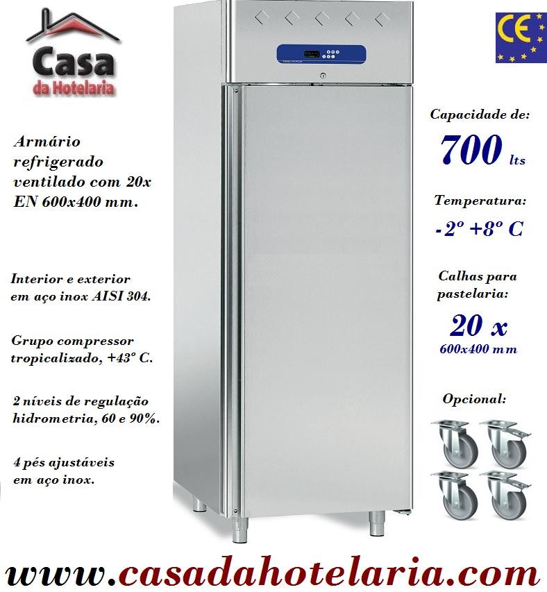 Armário Refrigerado Industrial para Pastelaria em Aço Inoxidável para 20x 600x400 mm, 2 níveis Higrométricos, 700 Litros, -2º +8º C (transporte incluído) - Refª 101605