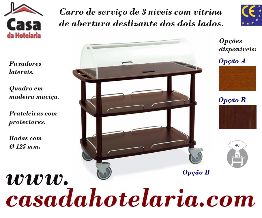 Carro de Serviço para Hotelaria de 3 Níveis com Vitrina (transporte incluído) - Refª 101634