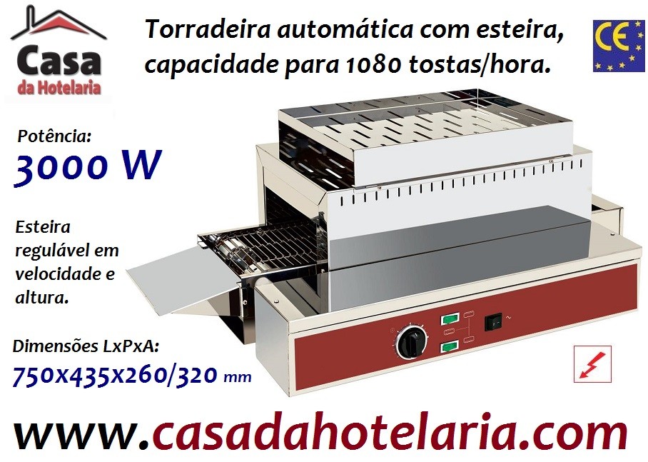 Torradeira Profissional Automática com Esteira, Tapete em Aço Inoxidável para até 1080 Tostas / Hora, 3000 Watts (transporte incluído) - Refª 101706