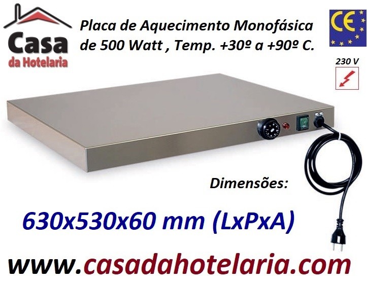 Placa de Aquecimento Monofásica com 630x530x60 mm LxPxA, 500 Watt, +30º +90º C (transporte incluído) - Refª 101859