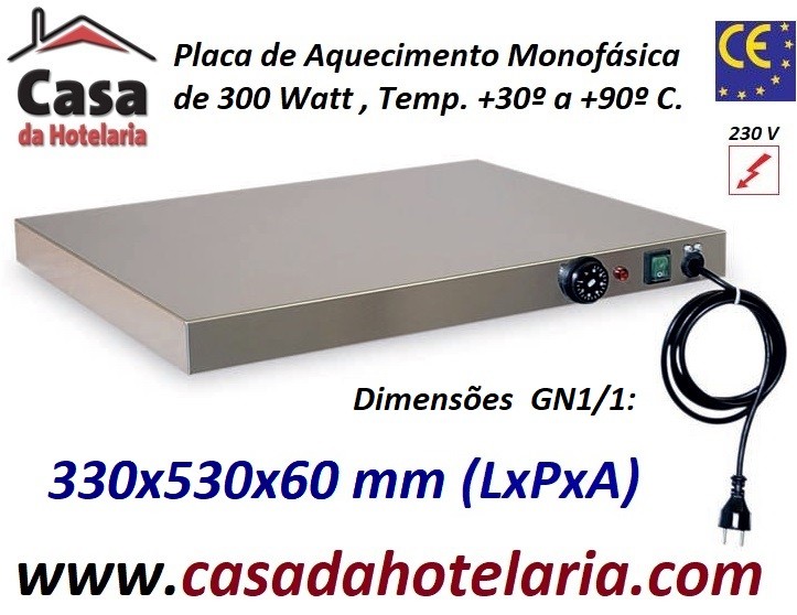 Placa de Aquecimento Monofásica GN 1/1 com 330x530x60 mm LxPxA, 300 Watt, +30º +90º C (transporte incluído) - Refª 101861