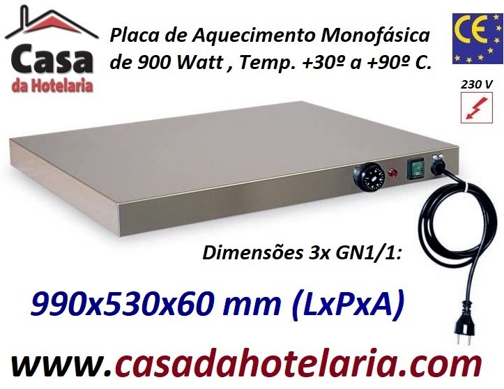Placa de Aquecimento Monofásica 3x GN 1/1 com 990x530x60 mm LxPxA, 900 Watt, +30º +90º C (transporte incluído) - Refª 101863