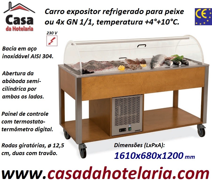 Carro Expositor Refrigerado para Peixe, 4x GN 1/1, Temp. +4º+10º C, Carvalho (transporte incluído) - Refª 101919