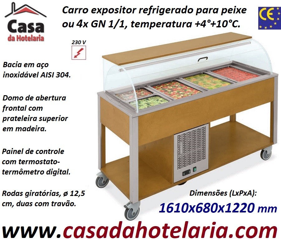 Carro Expositor Refrigerado para Peixe, 4x GN 1/1, Temp. +4º+10º C, Carvalho (transporte incluído) - Refª 101926