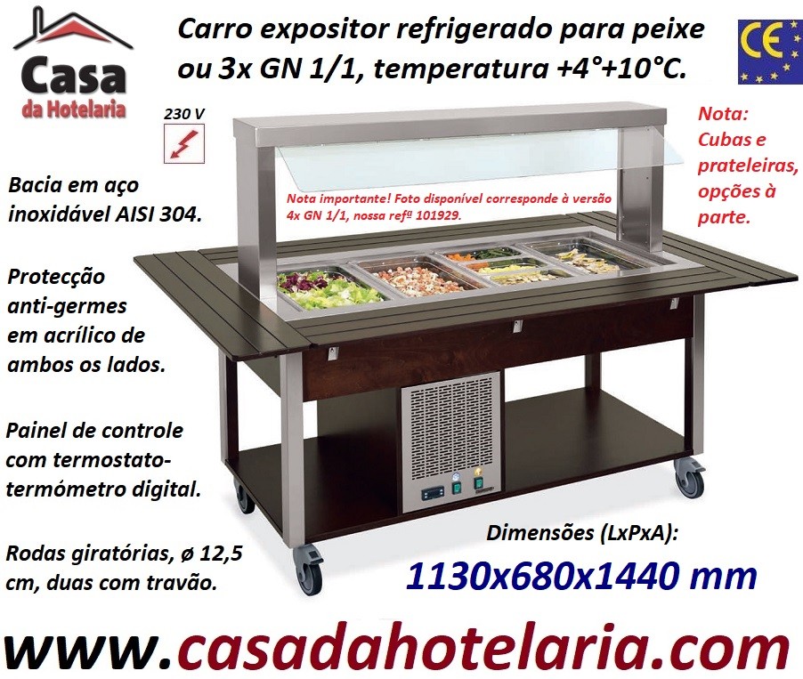 Carro Expositor Refrigerado para Peixe ou 3x GN 1/1, Temp. +4º+10º C, Wengué (transporte incluído) - Refª 101928