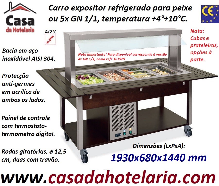 Carro Expositor Refrigerado para Peixe ou 5x GN 1/1, Temp. +4º+10º C, Wengué (transporte incluído) - Refª 101930