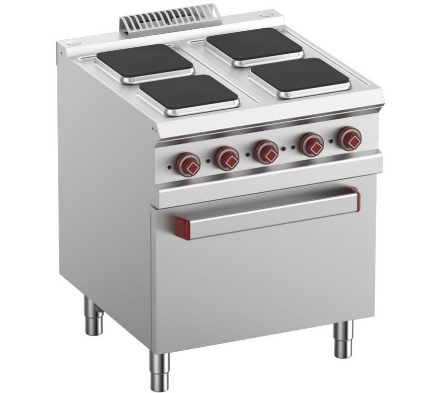 Fogão Industrial Eléctrico da Linha 700 de 4 Placas Quadradas e Forno Eléctrico GN 2/1 com Grill, 15700 Watts (transporte incluído) - Refª 102021