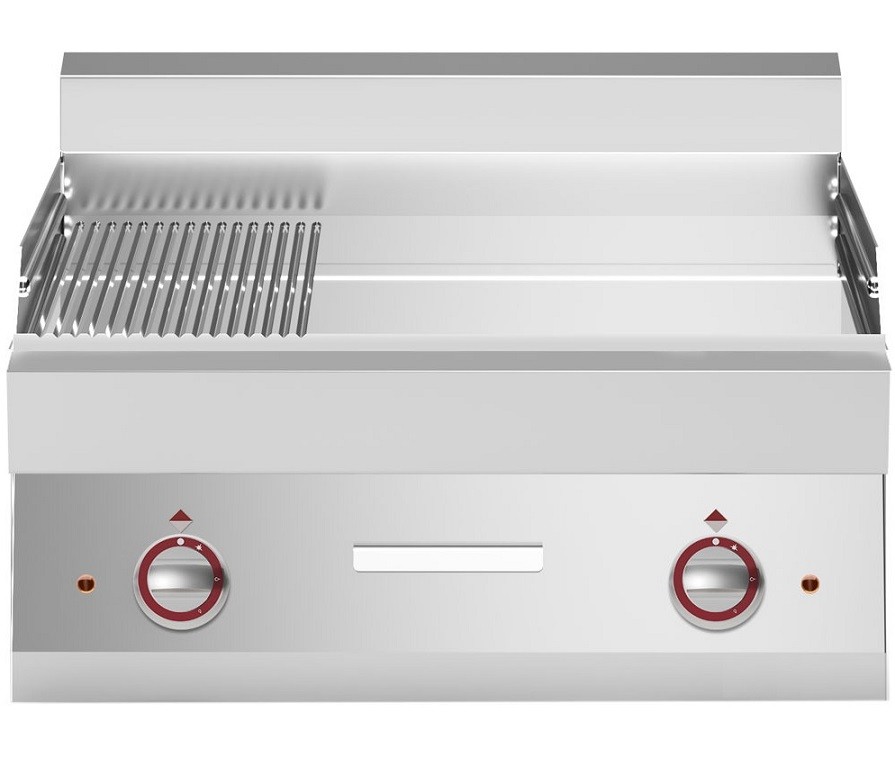 Placa de Grelhar Industrial Elétrica, Chapa Lisa e com Ranhuras, Fry Top Cromo Anti Aderente de 2 Zonas, 9000 Watts (transporte incluído) - Refª 100036