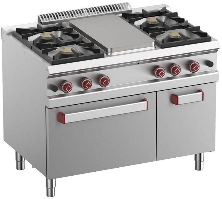 Fogão Industrial a Gás com 4 Queimadores, Placa de Cozinhar em Lume Brando, Forno a Gás Profissional e Armário, Potência de 39500 Watts (transporte incluído) - Refª 100067