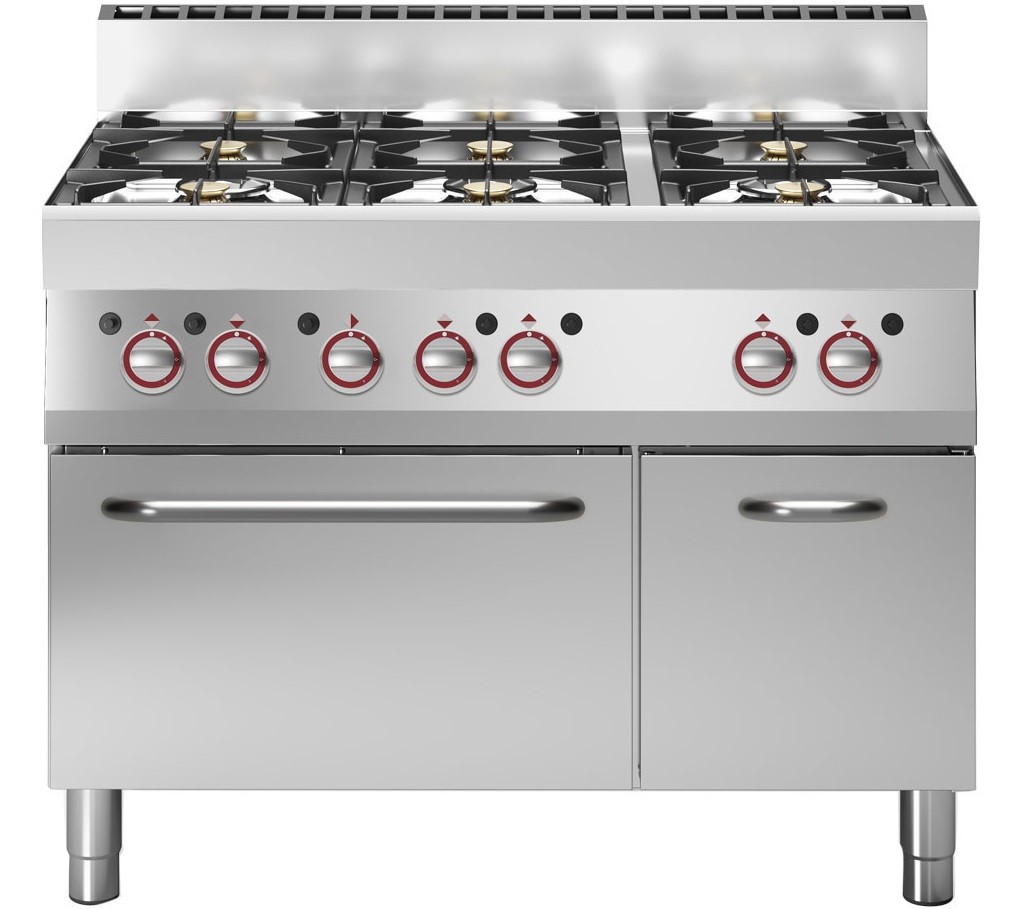 Fogão Industrial a Gás de 6 Queimadores (3x 3,6 kW + 3x 5 kW) com Forno a Gás (5 kW), 26500 kcal/h, 30800 Watts (transporte incluído) - Refª 100005