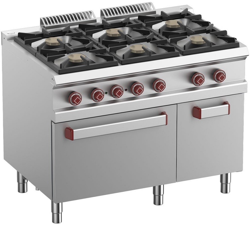 Fogão Industrial a Gás com 6 Queimadores, Forno Elétrico de Convecção e Armário, Potência de 44600 Watts (transporte incluído) - Refª 100062
